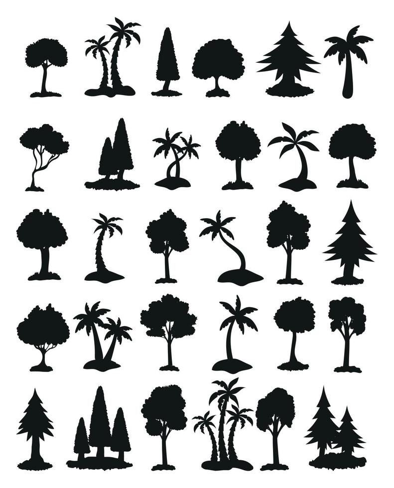 seth zwarte silhouetten van bomen uit verschillende klimaatzones vector