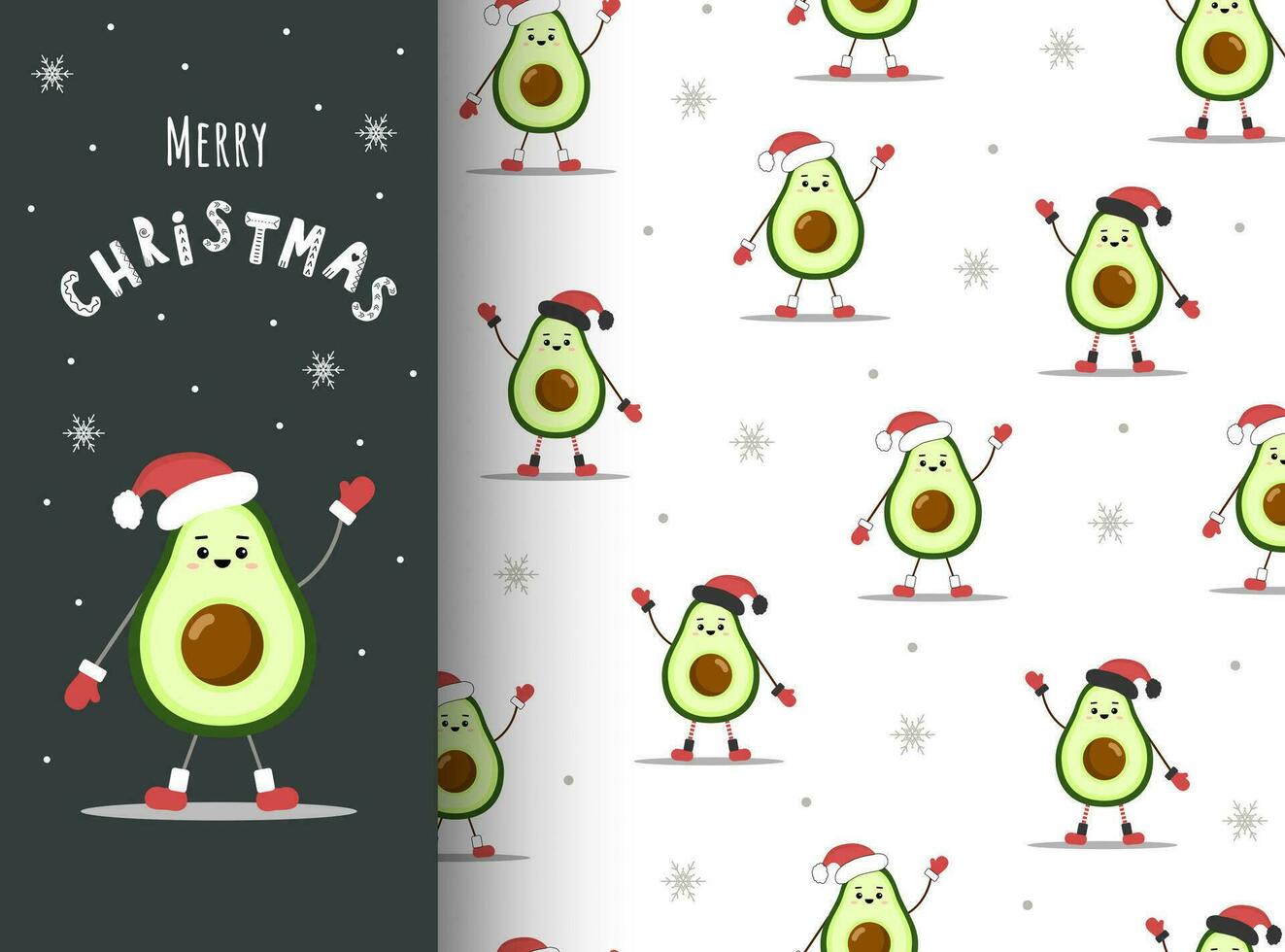 Kerstmis kaart en patroon met schattig avocado in de kerstman hoed. seizoen hartelijk groeten. vector