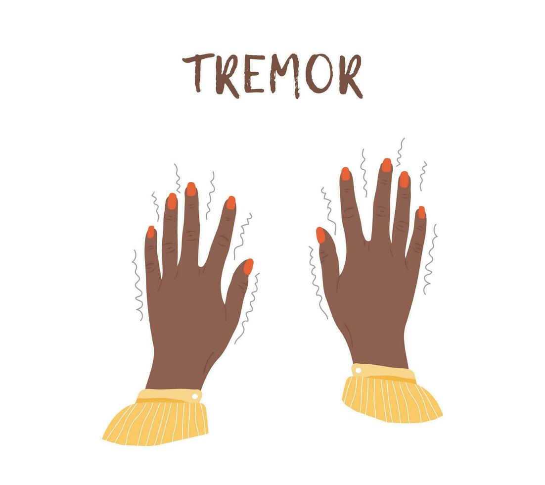 tremor handen. Parkinson ziekte. vrouw armen met nagels. fysiologisch spanning symptomen. vector illustratie in vlak tekenfilm stijl