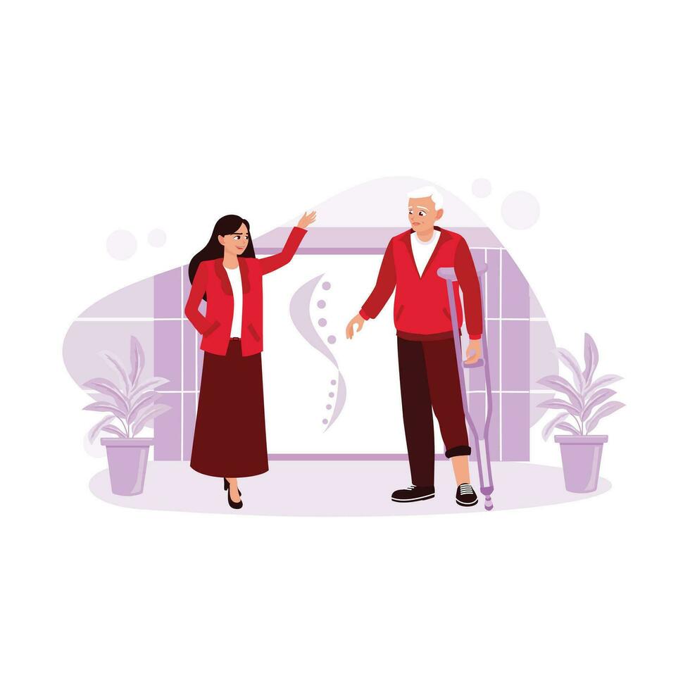 een ouder Mens met een been letsel praktijken wandelen met een riet met de helpen van een vrouw therapeut. fysiek concepten. neiging modern vector vlak illustratie