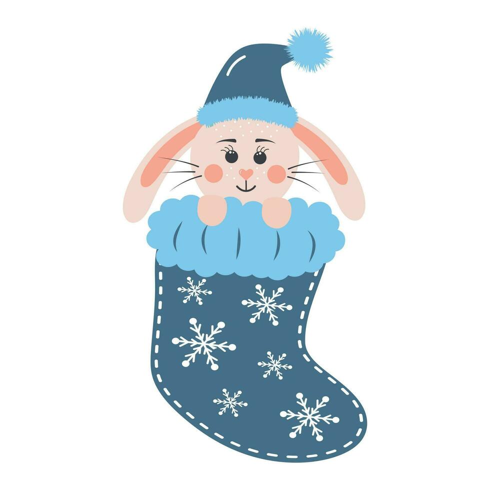 schattig baby konijn in een Kerstmis sok. konijn jongen in een warm winter hoed. tekenfilm Woud karakter. vector