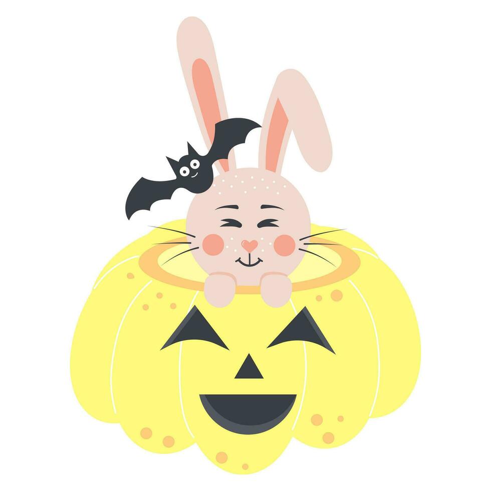 schattig konijn zittend in een eng pompoen met een knuppel Aan zijn hoofd. halloween konijn jongen en spookachtig pompoen. tekenfilm Woud karakter. vector
