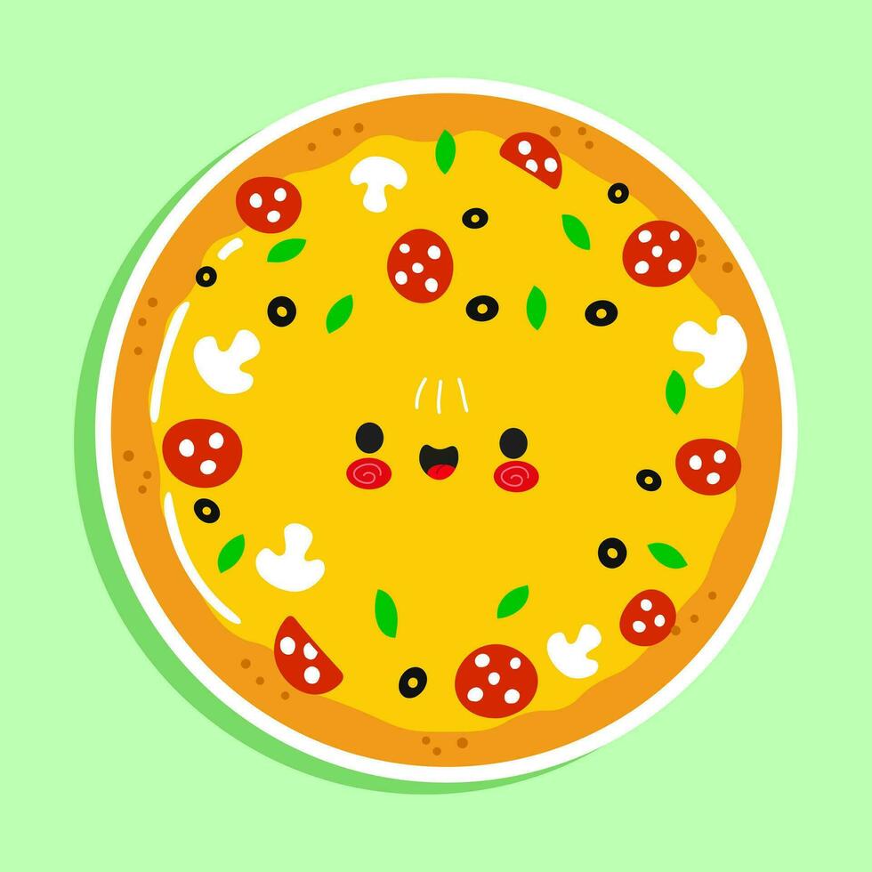 pizza sticker karakter. vector hand- getrokken tekenfilm kawaii karakter illustratie icoon. geïsoleerd Aan groen achtergrond. pizza karakter concept