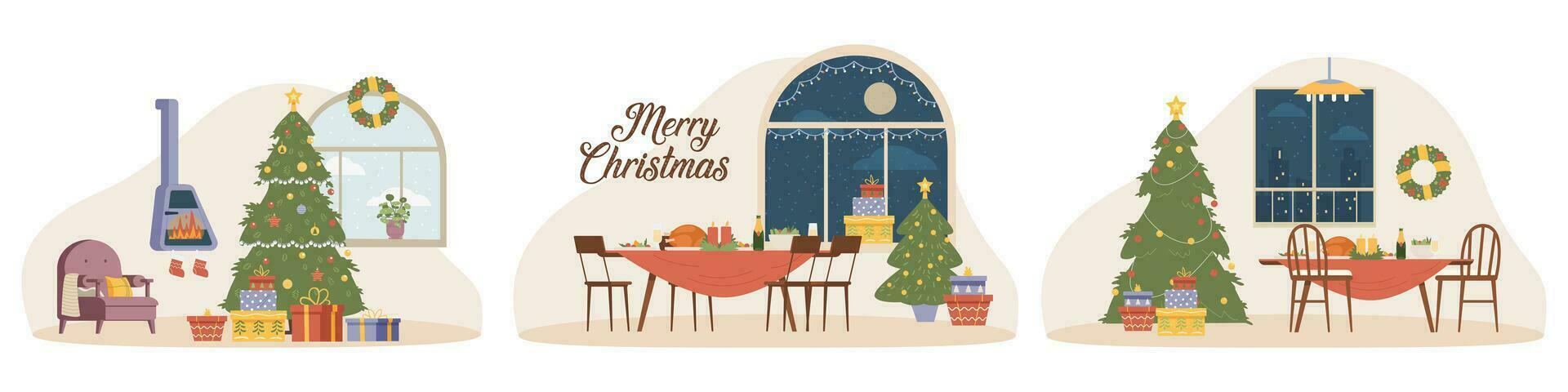 Kerstmis interieurs met Nee mensen vlak vector illustraties set. knus huis interieurs met Kerstmis decoraties.