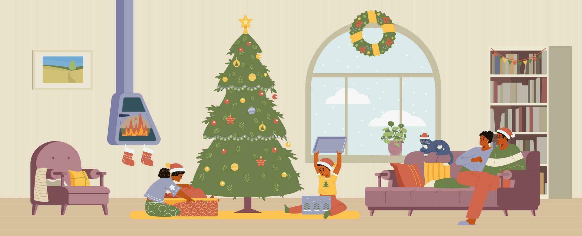 Kerstmis ochtend- Afrikaanse Amerikaans familie bijeenkomst vlak vector illustratie. kinderen opening geschenken, ouders zittend Aan de bank. leven kamer interieur met Kerstmis decoraties.