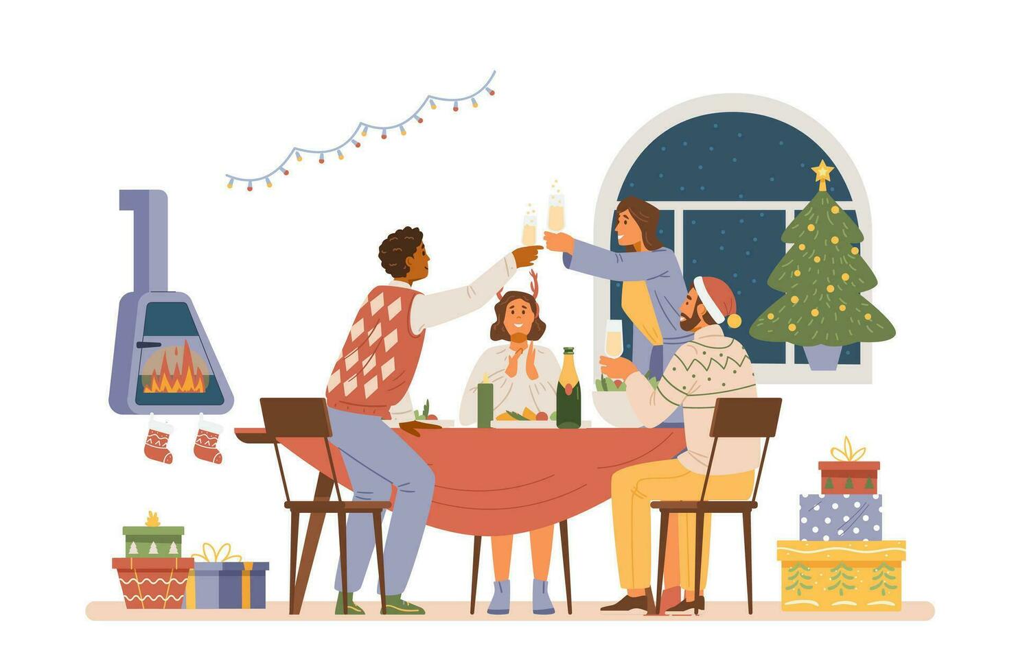 Kerstmis partij Bij huis vlak vector illustratie. vrienden Bij avondeten tafel met bril van Champagne lachend.