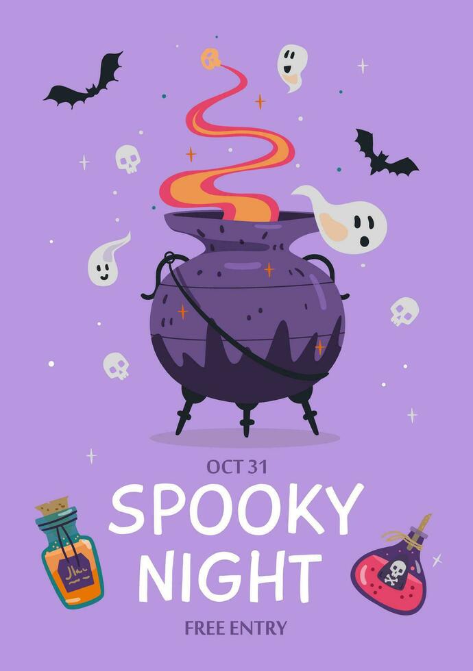 halloween spookachtig nacht partij uitnodiging met vector illustraties. heks ketel met toverdrank, geesten en weddenschappen vliegend in de omgeving van.