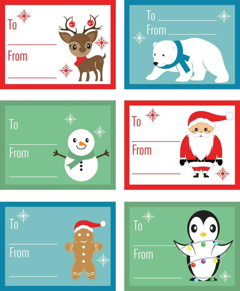 reeks van Kerstmis etiketten en tags voor geschenken. naar en van ontwerp met schattig karakters. Kerstmis vector ontwerp voor presenteert