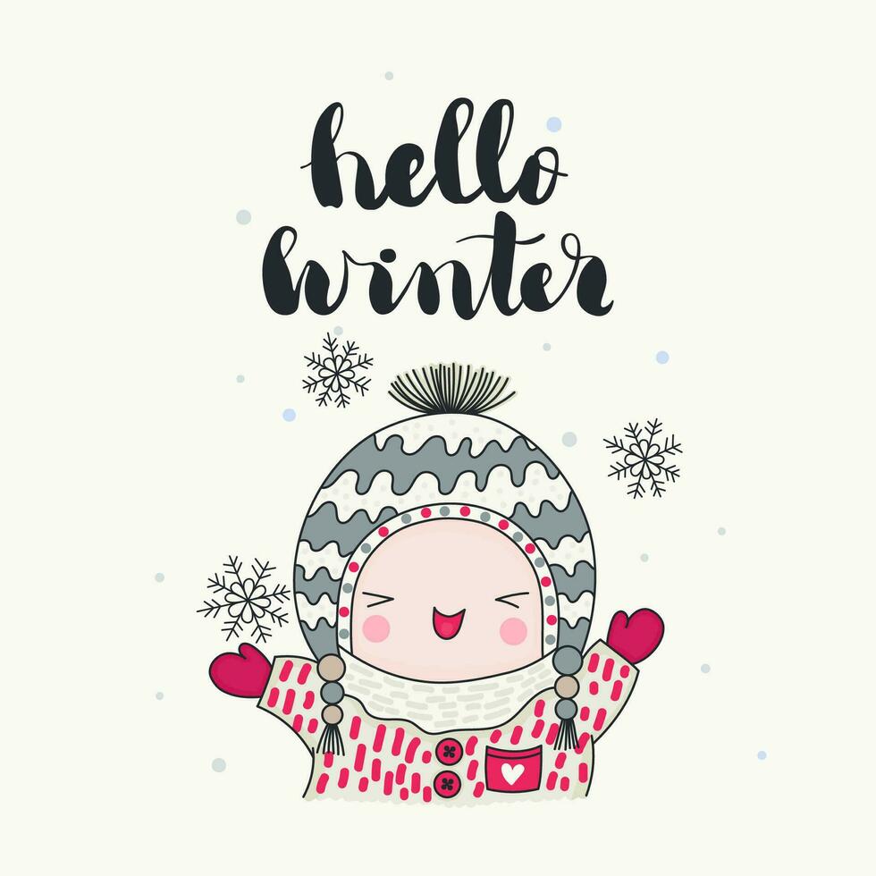 een schattig lachend kind in hoed en sneeuwvlokken, Hallo winter handgeschreven belettering, tekenfilm illustratie vector