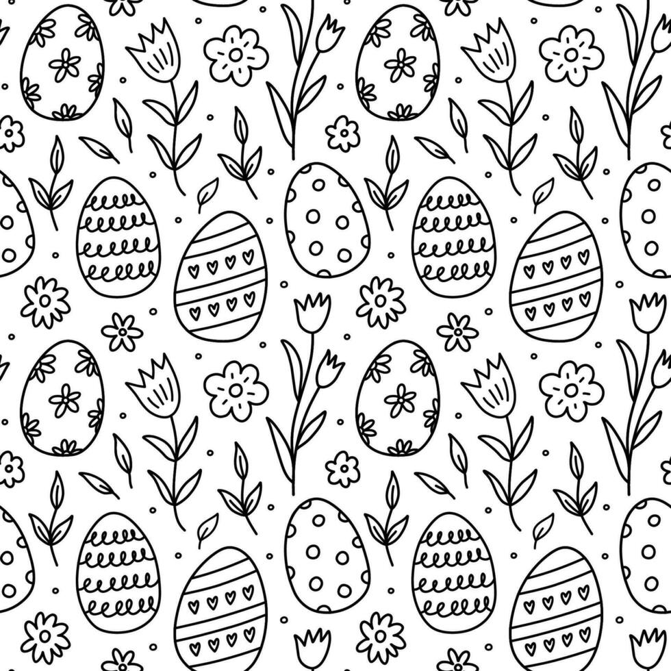 schattig naadloos patroon met Pasen eieren, voorjaar bloemen en bladeren. vector hand getekend tekening illustratie. perfect voor vakantie ontwerpen, afdrukken, decoraties omhulsel papier, behang.