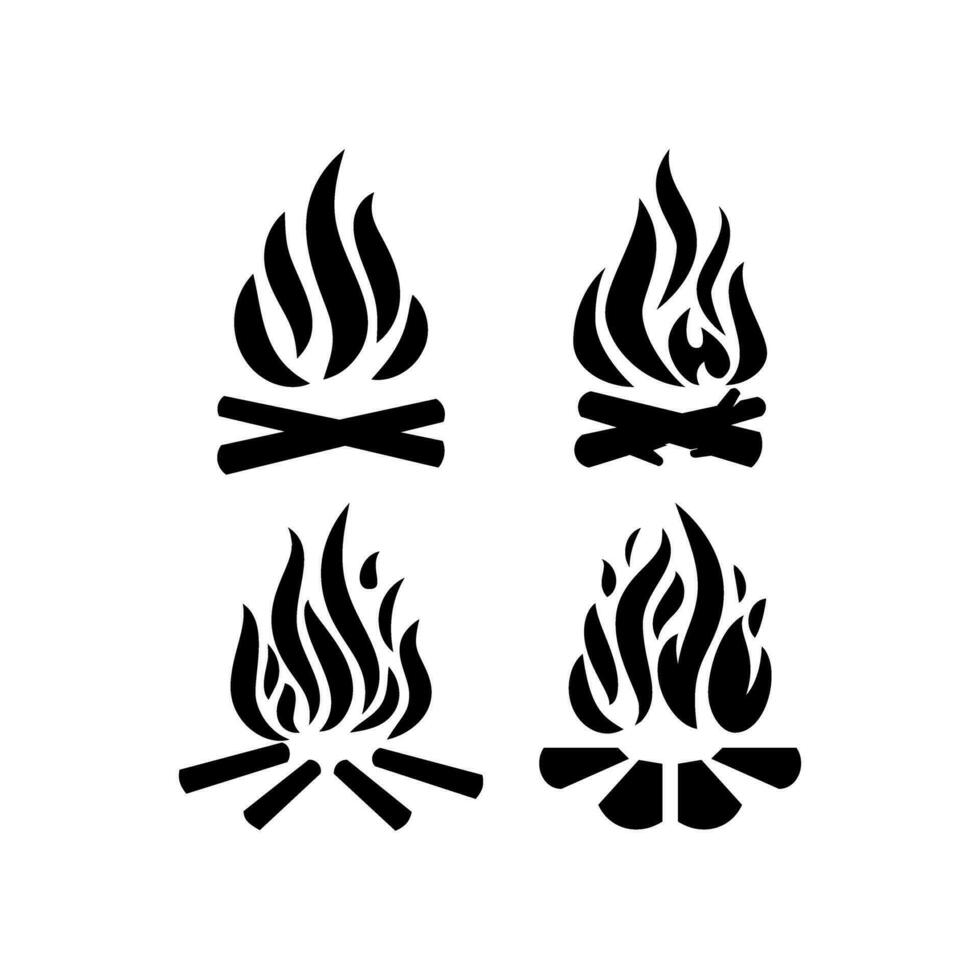 vlak vector zwart en wit brand vlam silhouet icoon set. kampvuur vorm teken, geïsoleerd. vreugdevuur verzameling