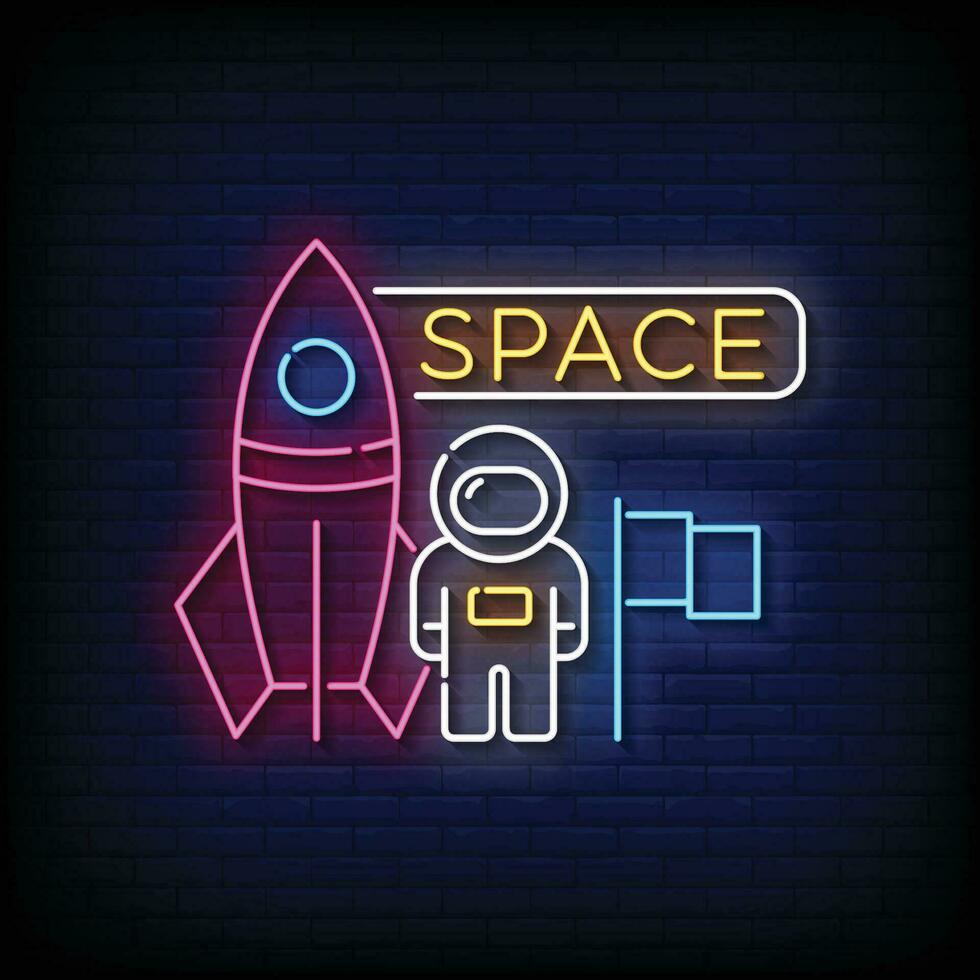 neon teken ruimte astronout met steen muur achtergrond vector