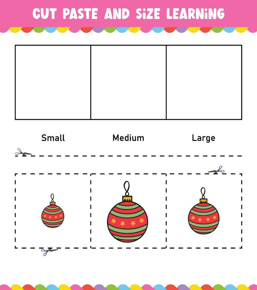 aan het leren maten besnoeiing en Plakken gemakkelijk werkzaamheid werkblad spel voor kinderen Kerstmis thema vector