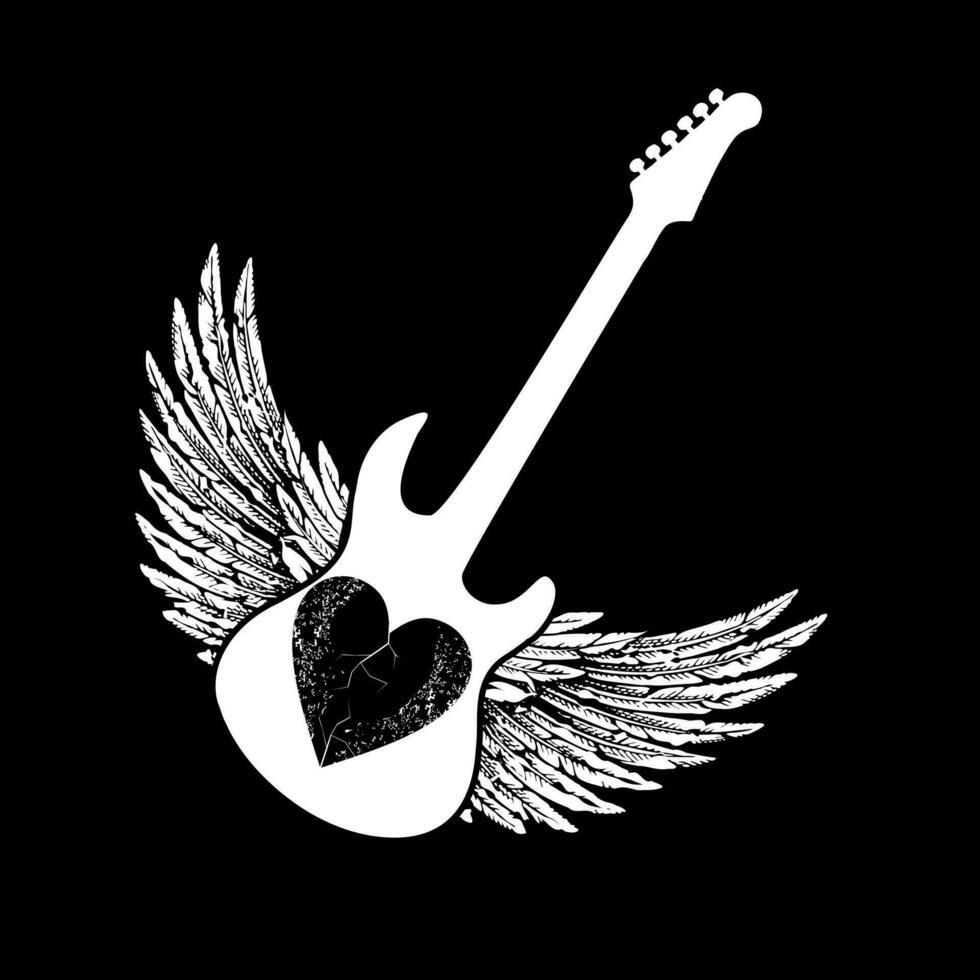 ontwerp voor een elektrisch gitaar t-shirt met Vleugels en een hart geïsoleerd Aan zwart. glam rots poster vector