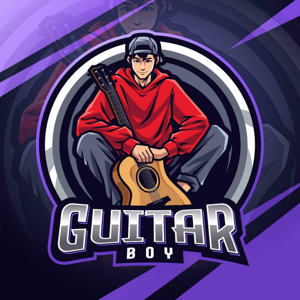 gitaar jongen esport mascotte logo ontwerp vector