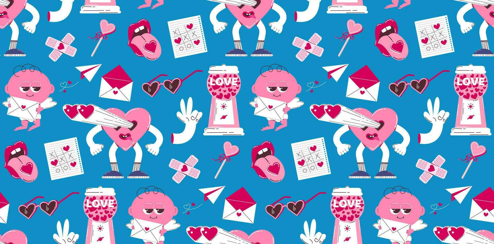 naadloos achtergrond voor Valentijnsdag dag. vector patroon in retro stijl van de jaren 70, jaren 80. schattig Cupido en hart karakters.
