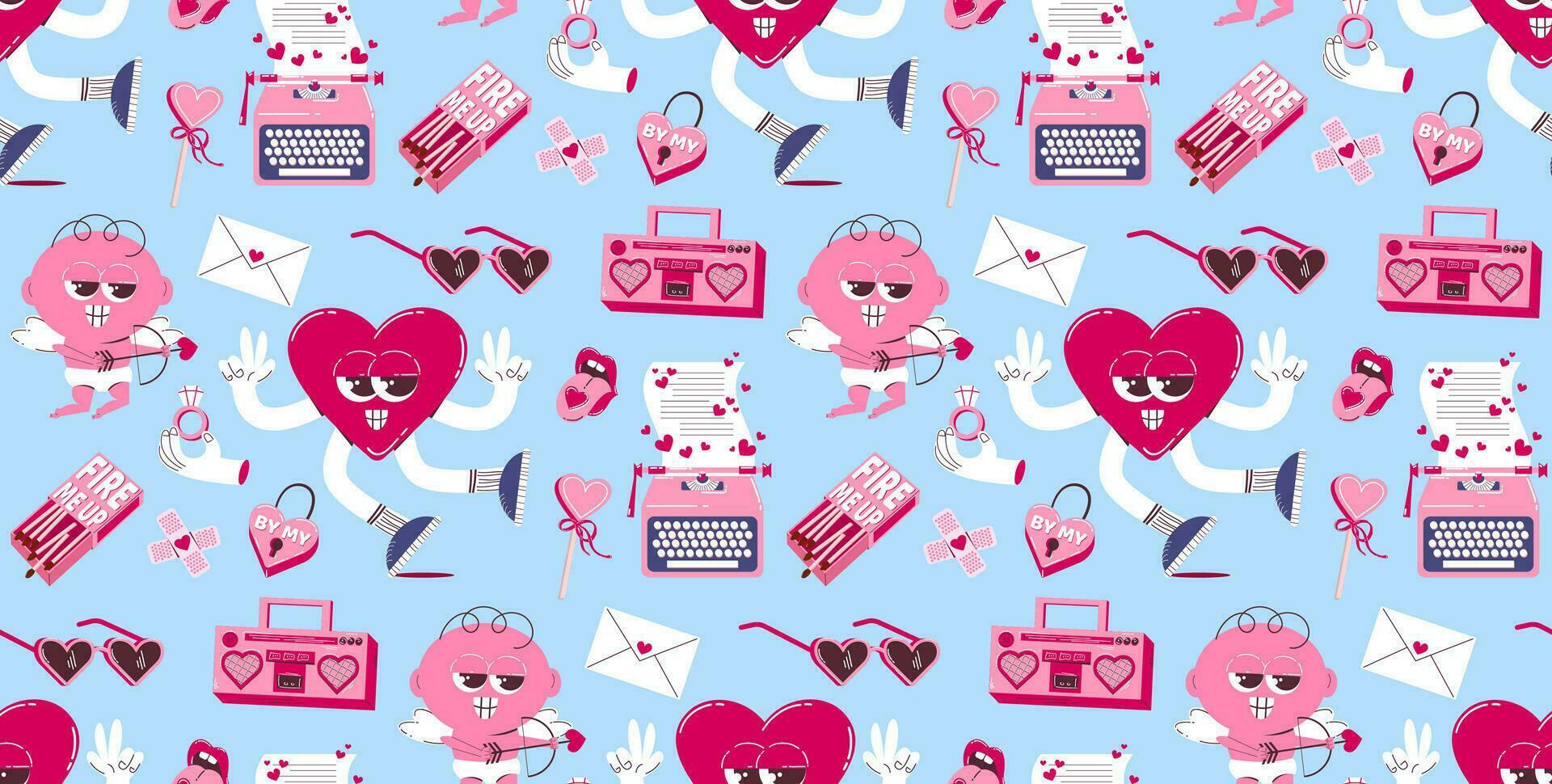 naadloos achtergrond voor Valentijnsdag dag. vector patroon in retro stijl van de jaren 70, jaren 80. schattig Cupido en hart karakters.