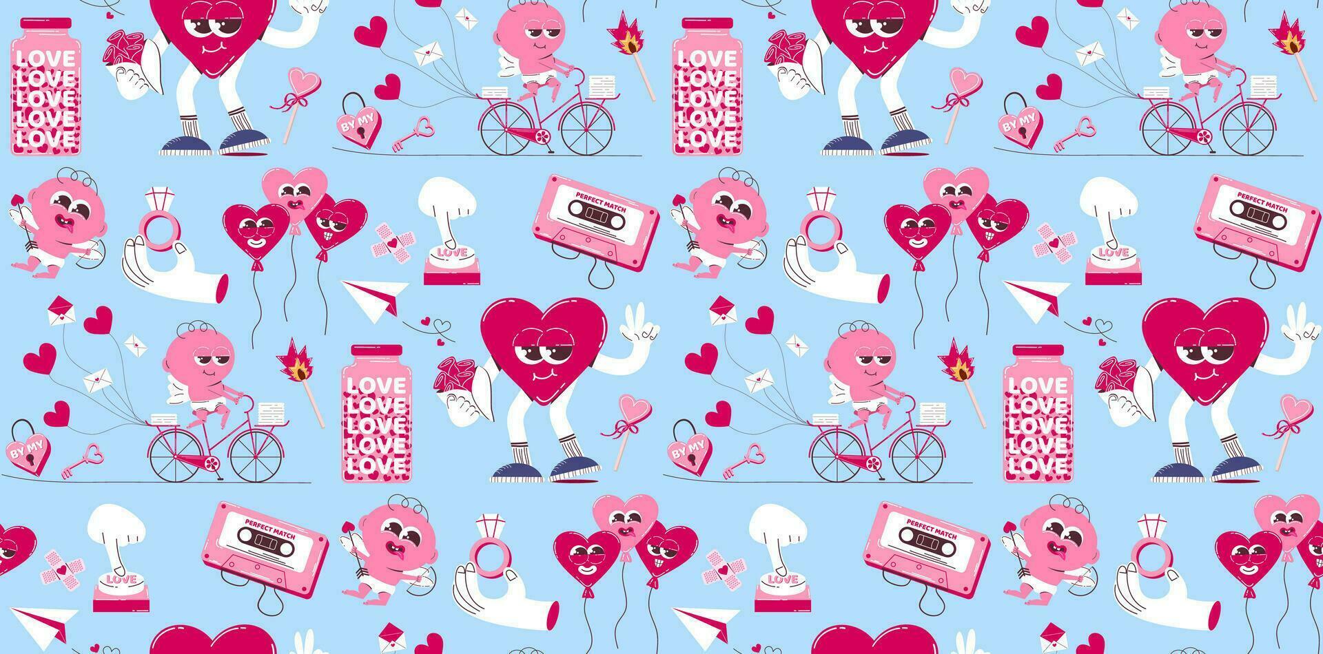 naadloos achtergrond voor Valentijnsdag dag. vector patroon in retro stijl van de jaren 70, jaren 80. schattig Cupido en hart karakters.