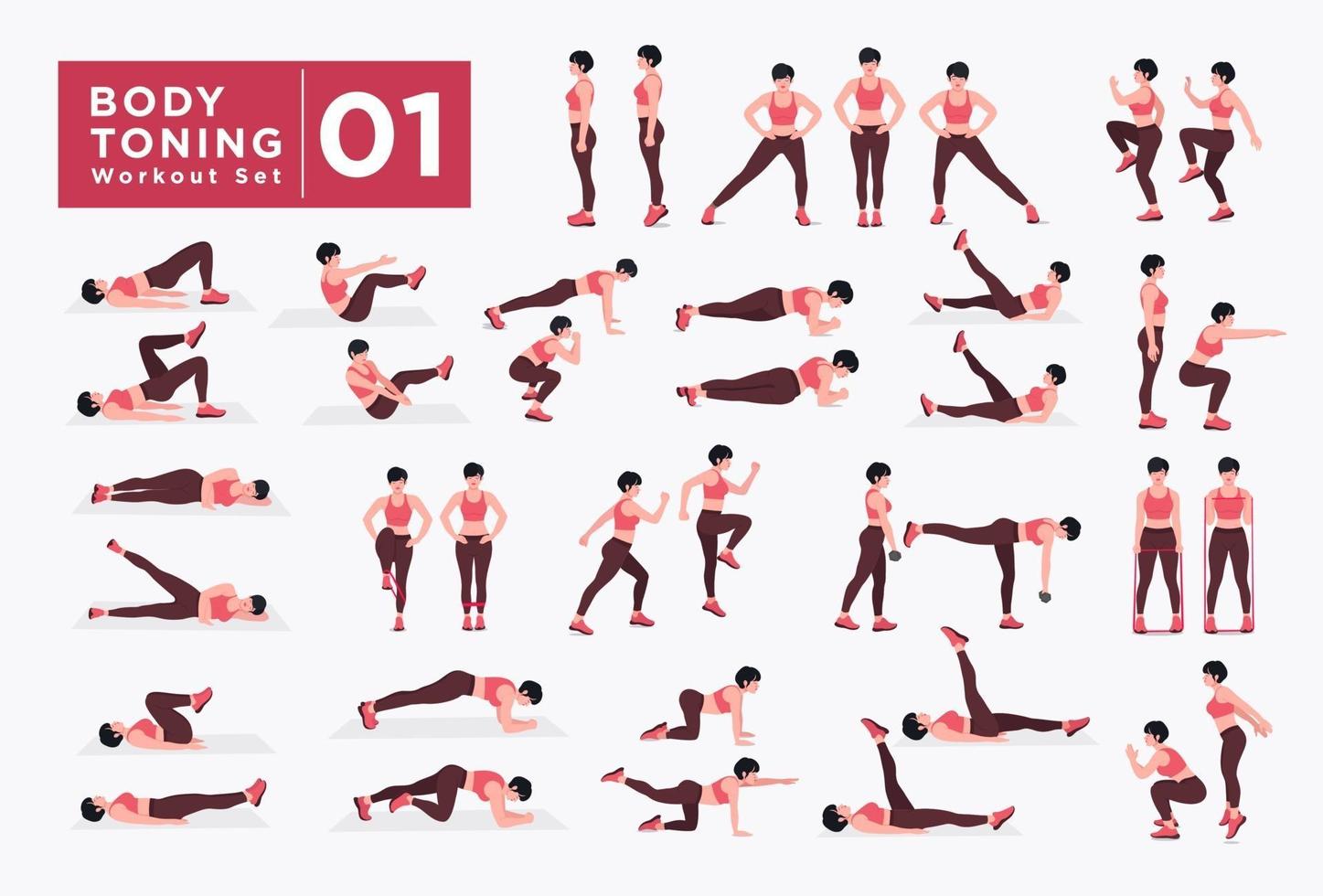 vrouwen body toning workout set. vrouwen die fitness- en yoga-oefeningen doen. vector