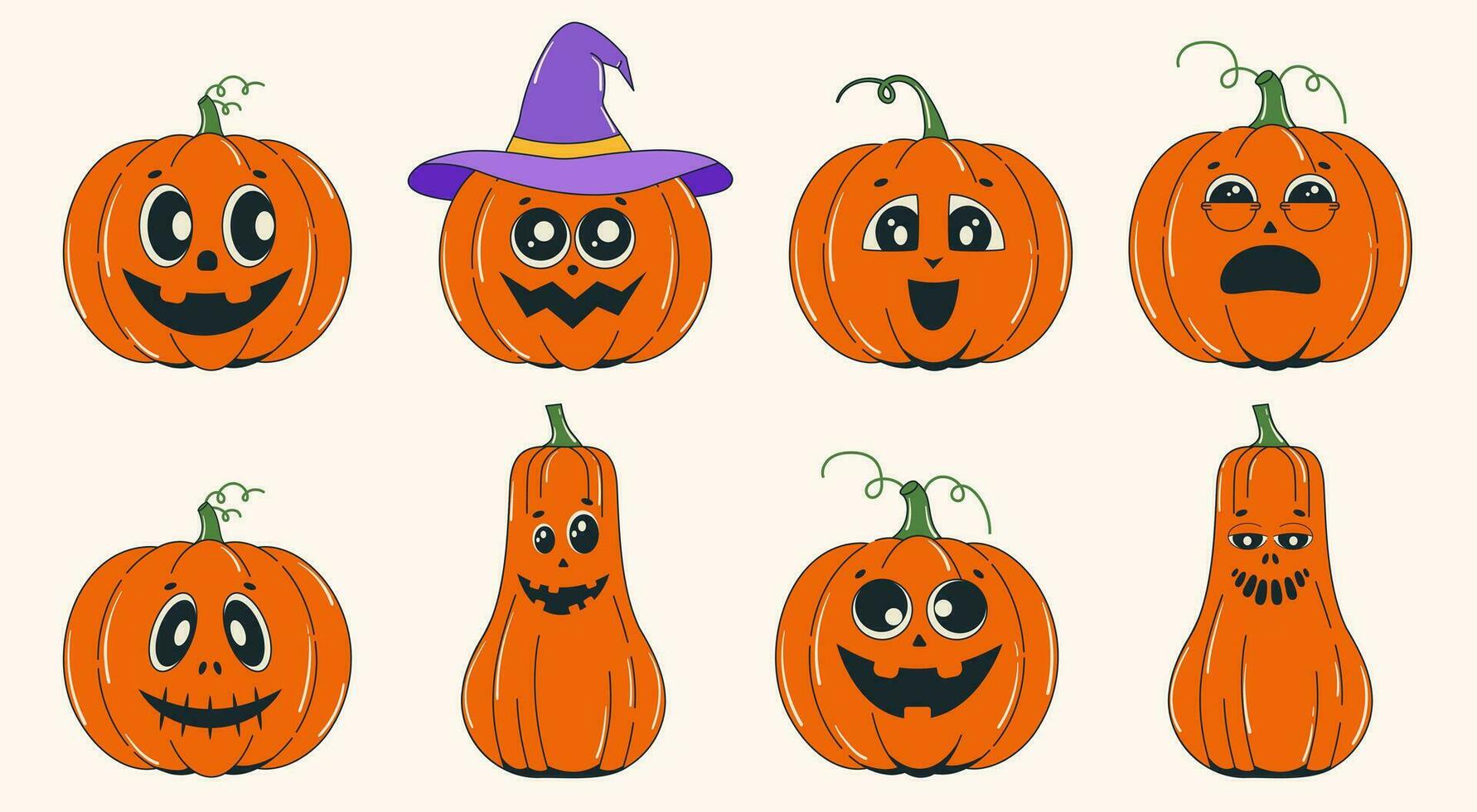 oranje pompoen glimlach gezicht retro tekenfilm stijl reeks van halloween vakantie vector