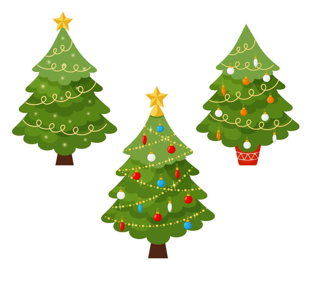 reeks van drie groen Kerstmis bomen met decoraties vector