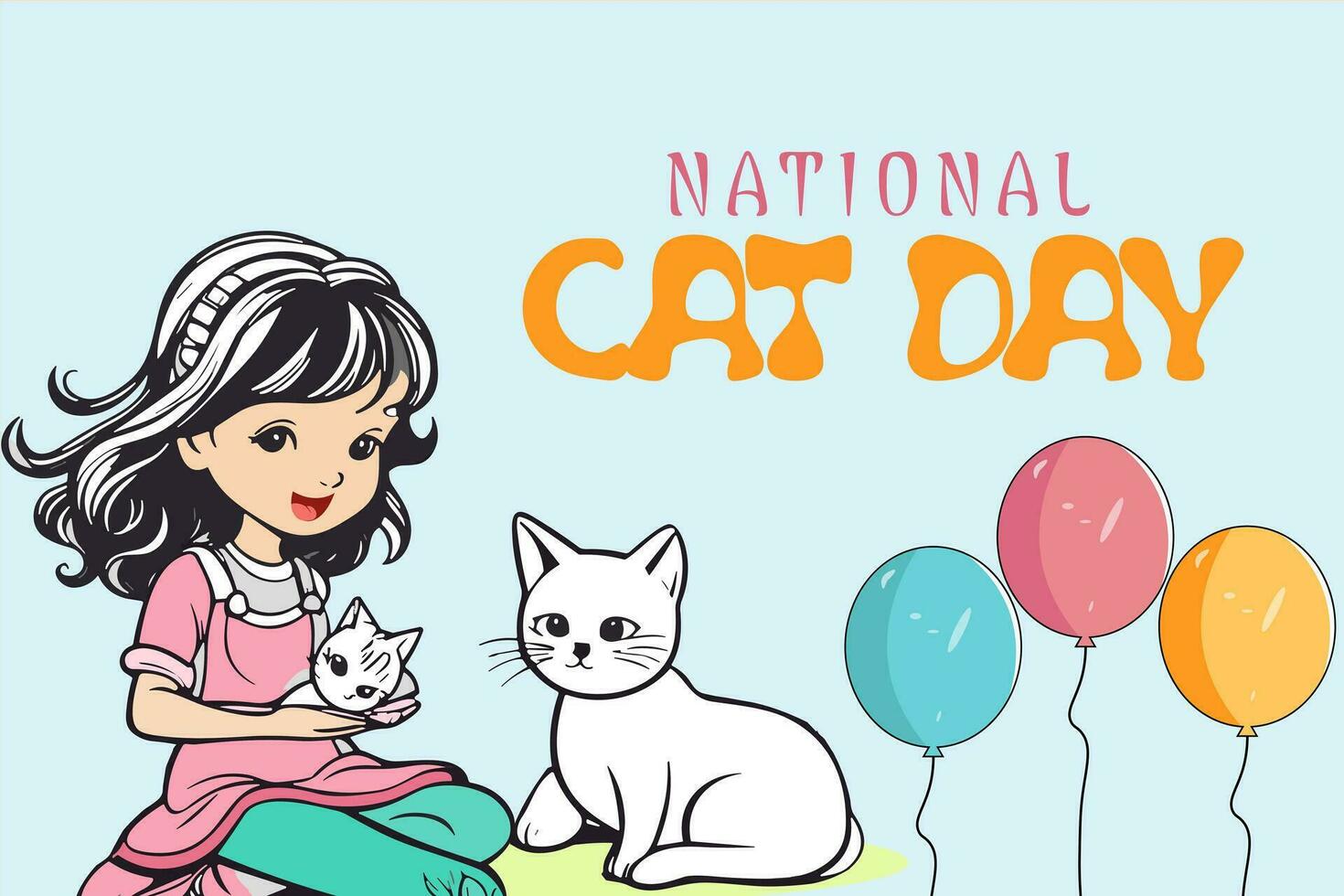 nationaal kat dag banier weinig meisje spelen met schattig kat en ballonnen. gelukkig dieren vriendschap tussen mensen en katten. huiselijk dieren en huisdieren mauw dag vakantie viering. kat dag sticker poster vector