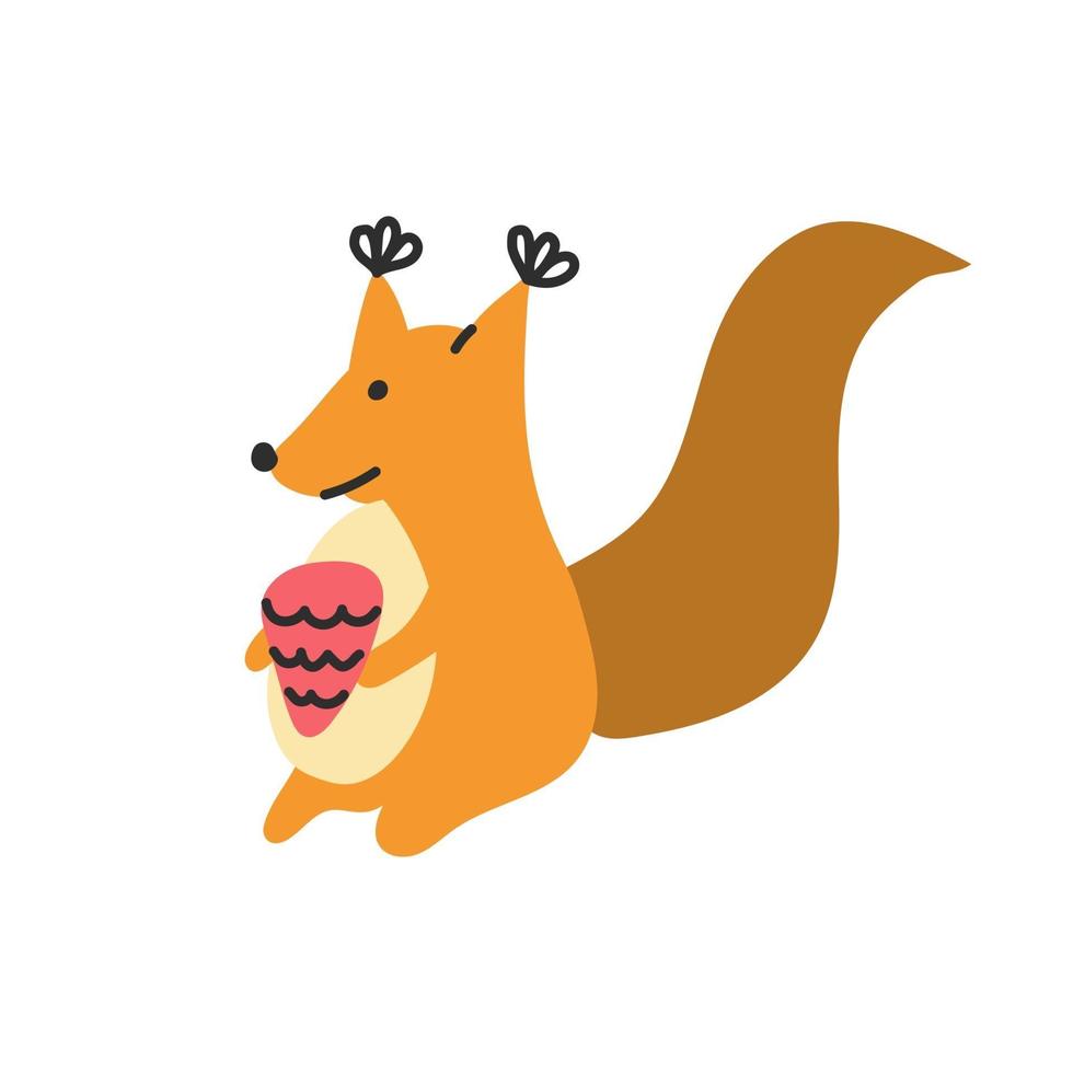 een schattige eekhoorn met een dennenappel. vectorillustratie in een vlakke stijl vector