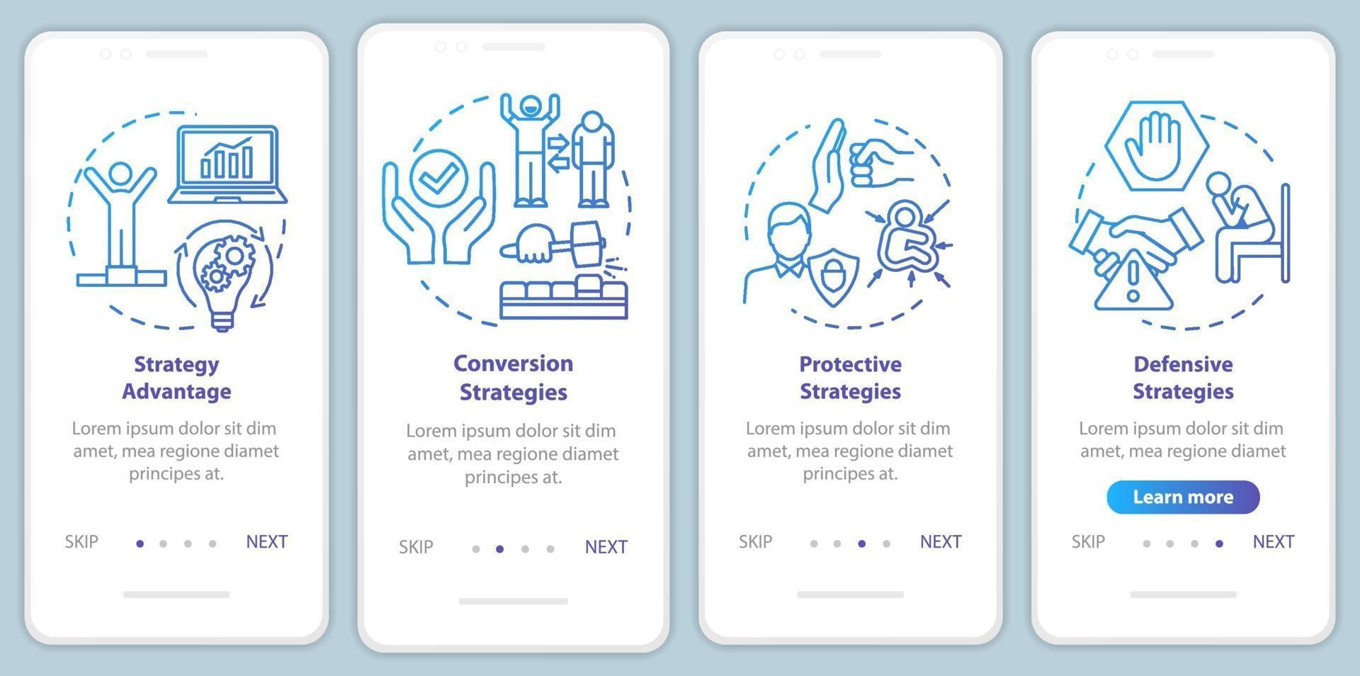 marketingstrategieën onboarding mobiele app paginascherm met concepten vector