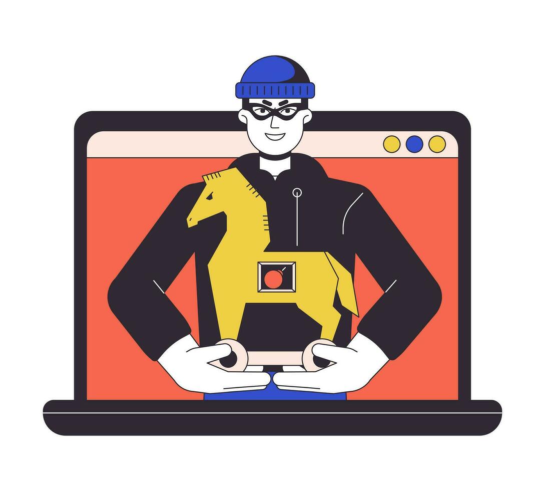 trojan virus Aan laptop vlak lijn concept vector plek illustratie. Mens lancering virus 2d tekenfilm schets karakter Aan wit voor web ui ontwerp. bewerkbare geïsoleerd kleur held beeld