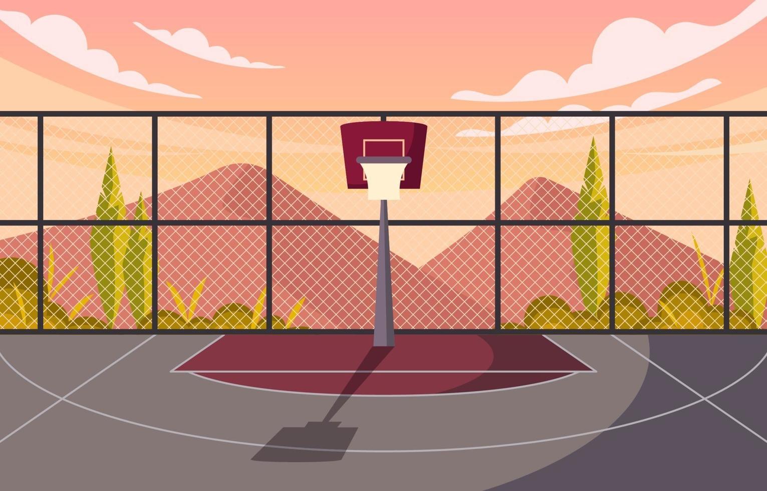 eenzaam bord op basketbalveld met uitzicht op bergen vector