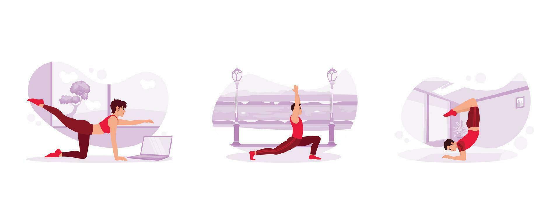 plank houding een arm been tillen. een Mens aan het doen yoga buitenshuis. schorpioen yoga poseert. yoga concept. reeks neiging modern vector vlak illustratie