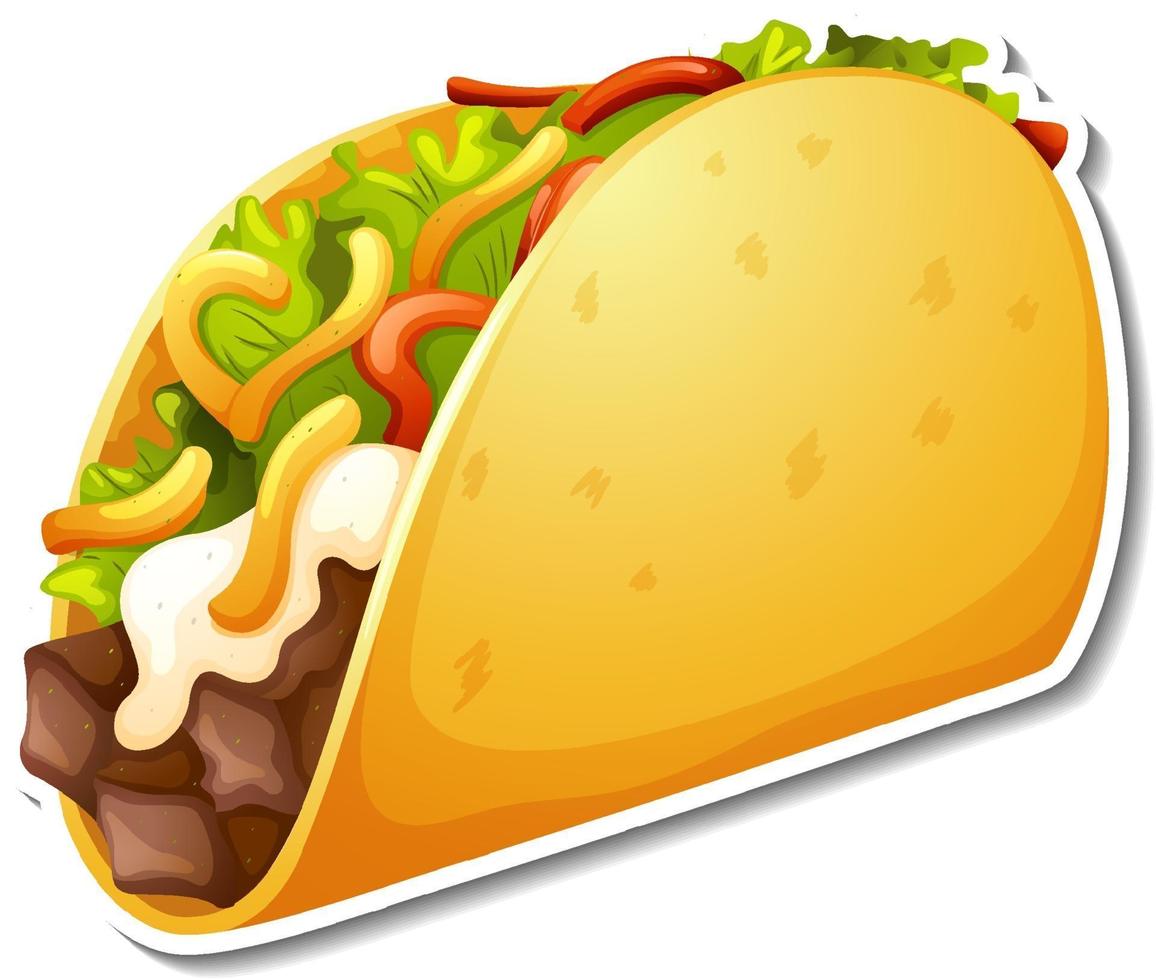 Taco met groente en vlees sticker op witte achtergrond vector