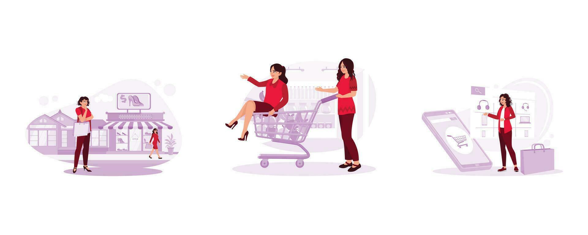 overwegen iets naar kopen. gelukkig vrouw voortvarend een boodschappen doen kar. online boodschappen doen op te slaan Aan smartphone scherm boodschappen doen concept. reeks neiging modern vector vlak illustratie