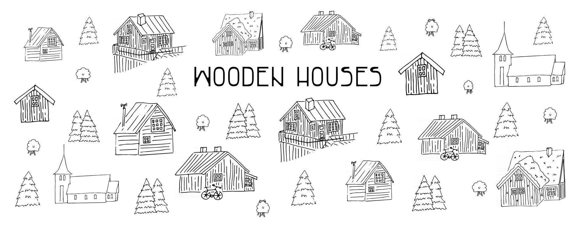 set van zwart-witte houten huizen voor kleurboek vector