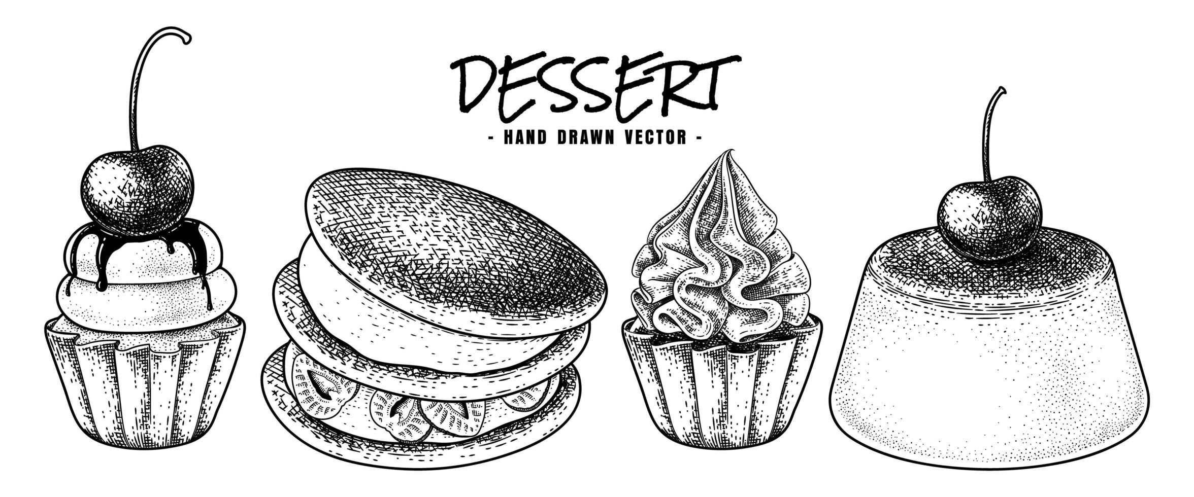 dessert hand getrokken schets vector. cupcakes, dorayaki en pudding vector