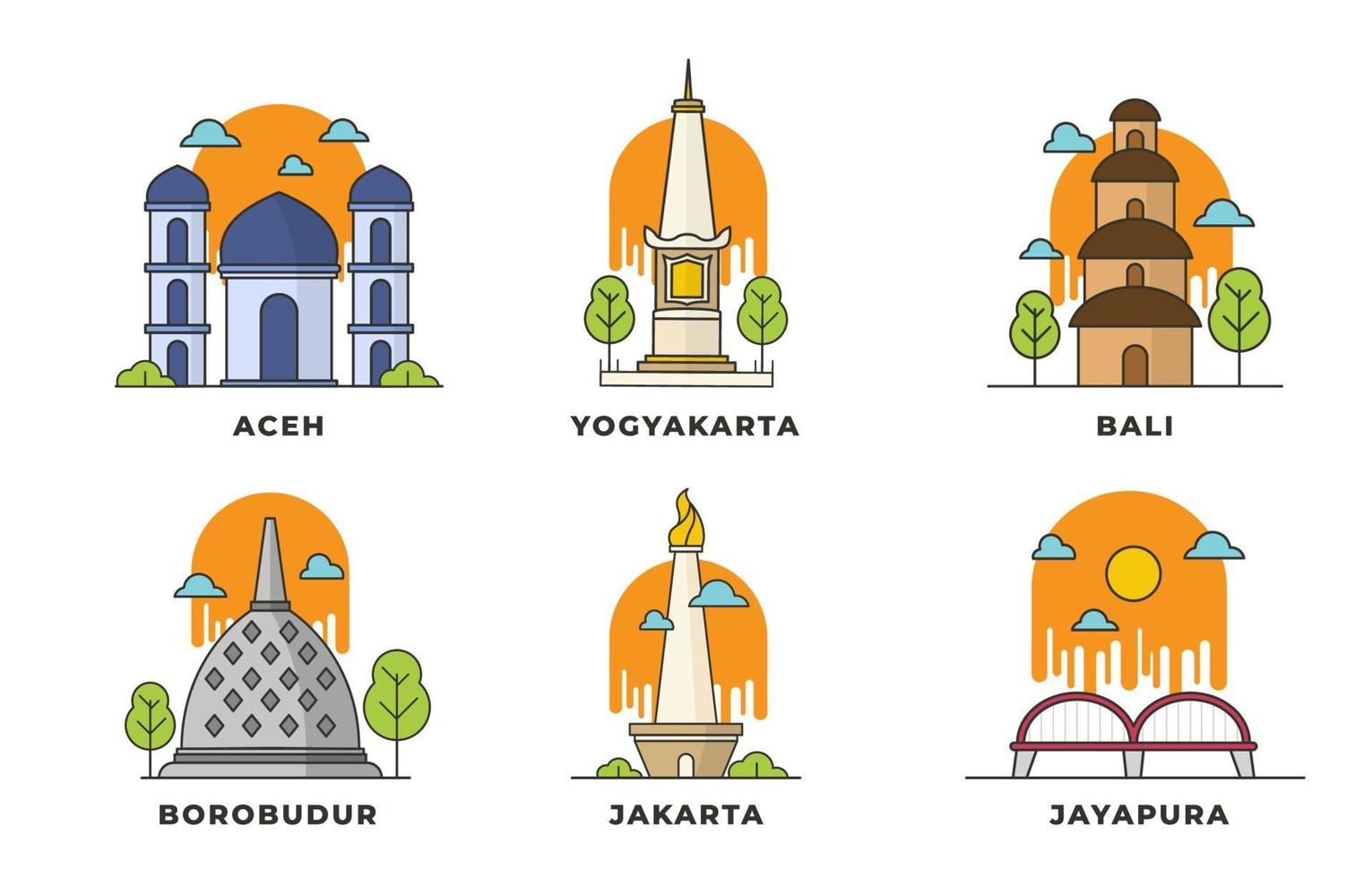 iconen van Indonesische bezienswaardigheden vector