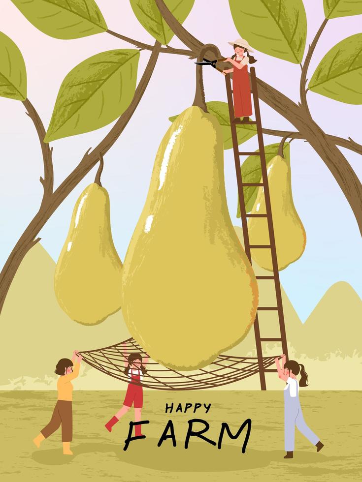 boer stripfiguren met peer vruchten oogst poster illustratie vector