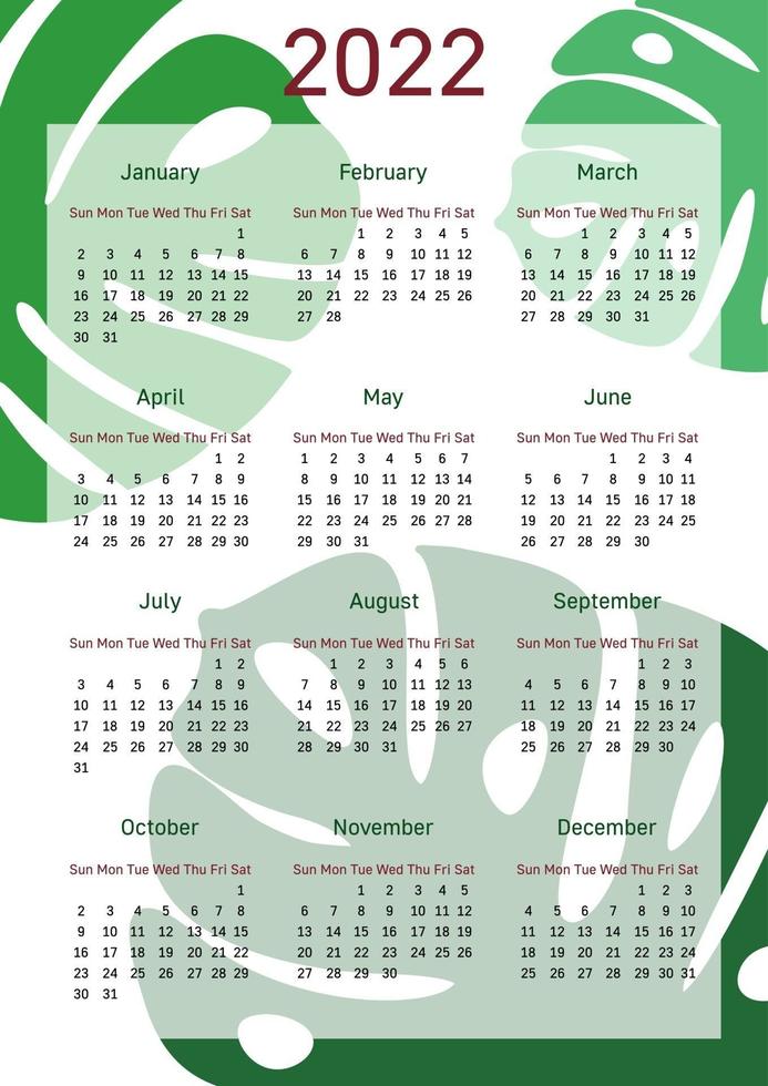 kalender 2022. week begint op zondag. verticaal A3-formaat. 12 maanden vector