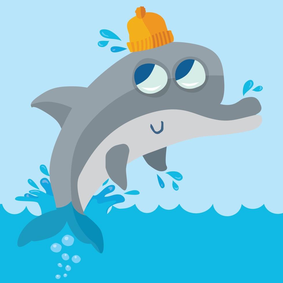 dolfijn in wollen hoed die uit het water springt en een plons maakt vector