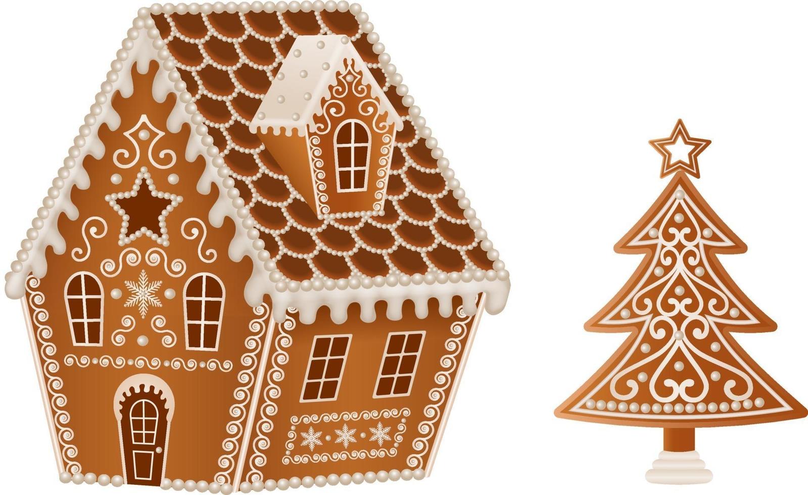 solated kerst peperkoek huis en boom vector