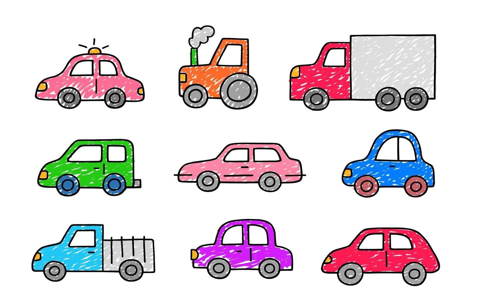 handgetekende schattige auto's. set van vervoer pictogrammen in doodle schets stijl. vector