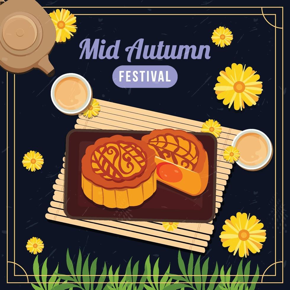 mooncake op tafel met chrysantenthee vector