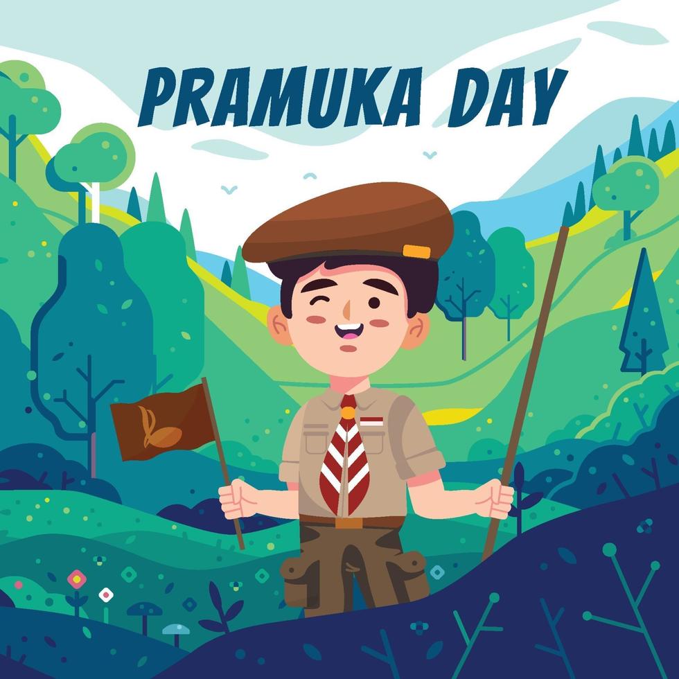 boyscout met vlag en stok tijdens pramuka-evenement vector