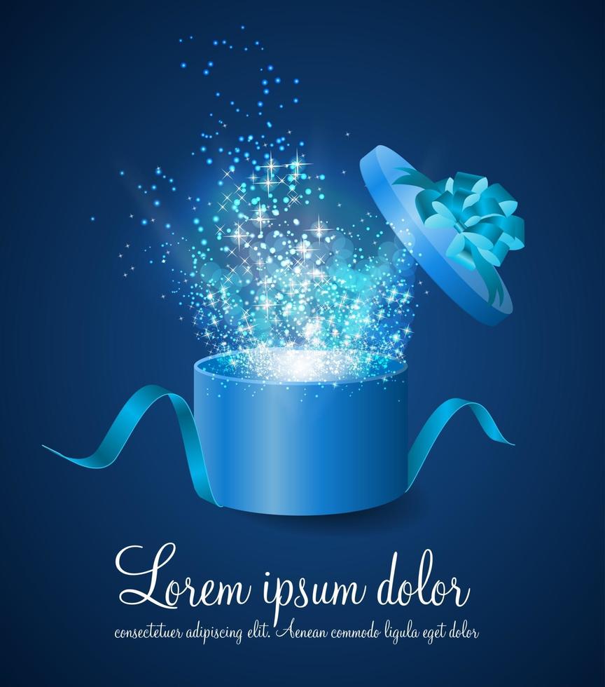 open geschenkdoos met lint en magisch licht vuurwerk vector illus