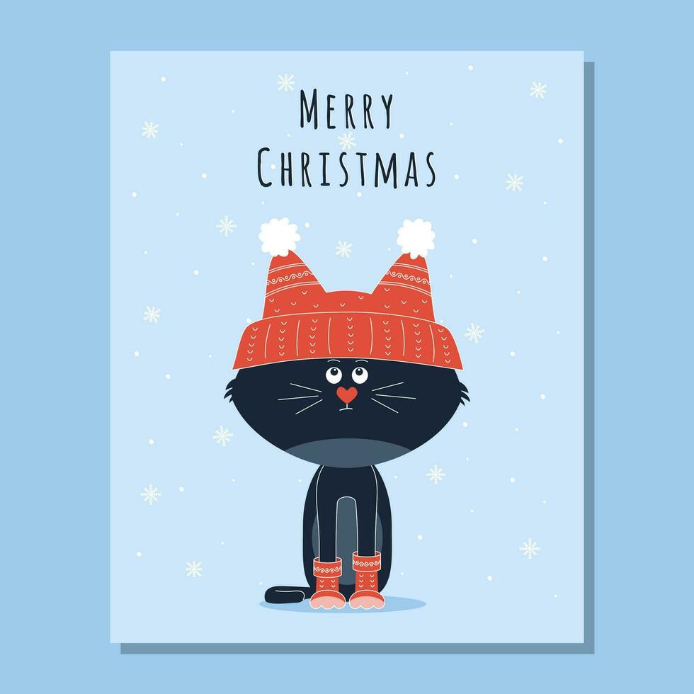 een Kerstmis ansichtkaart met een donker kat in een rood pet en rood sokken. vector illustratie. hand- tekenen, tekenfilm.