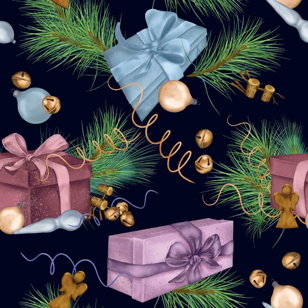 Kerstmis naadloos patroon van geschenk dozen, Kerstmis decoraties digitaal illustratie geïsoleerd Aan zwart. pijnboom tak, hert, engel hand- getrokken. element voor vakantie afdrukken, nieuw jaar inpakken, achtergrond vector
