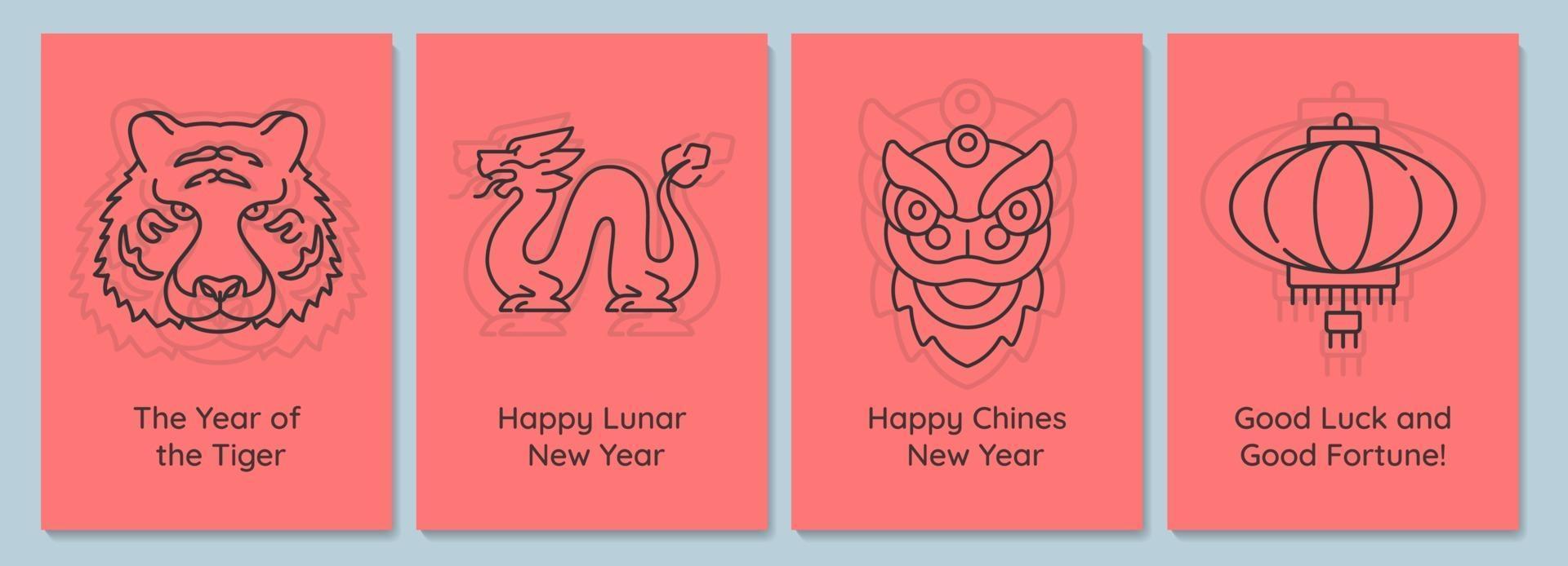 chinese nieuwjaarsviering ansichtkaarten met lineaire glyph icon set vector