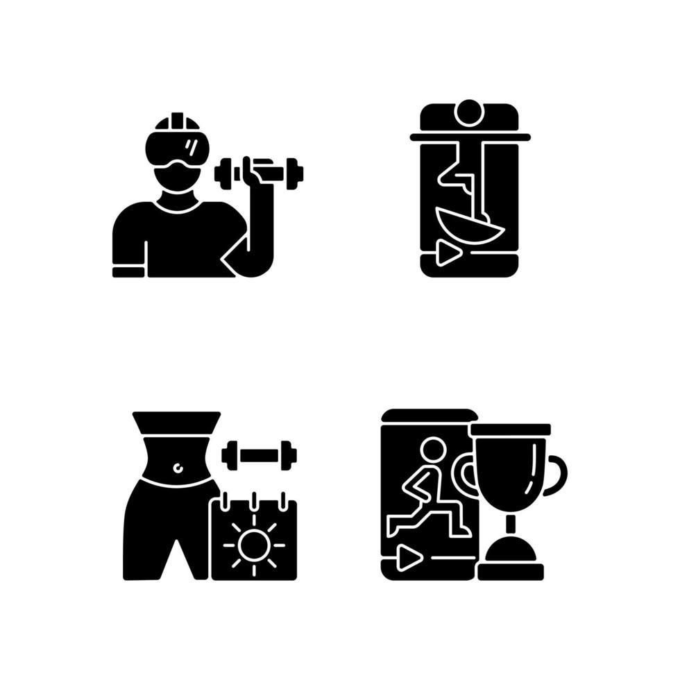 online fitness daagt zwarte glyph-pictogrammen uit die op witte ruimte zijn ingesteld. vector