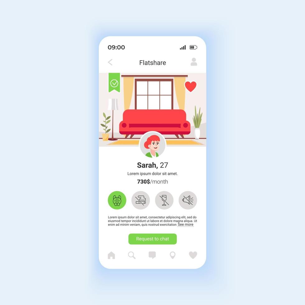 zoeken naar huisgenoot smartphone interface vector sjabloon