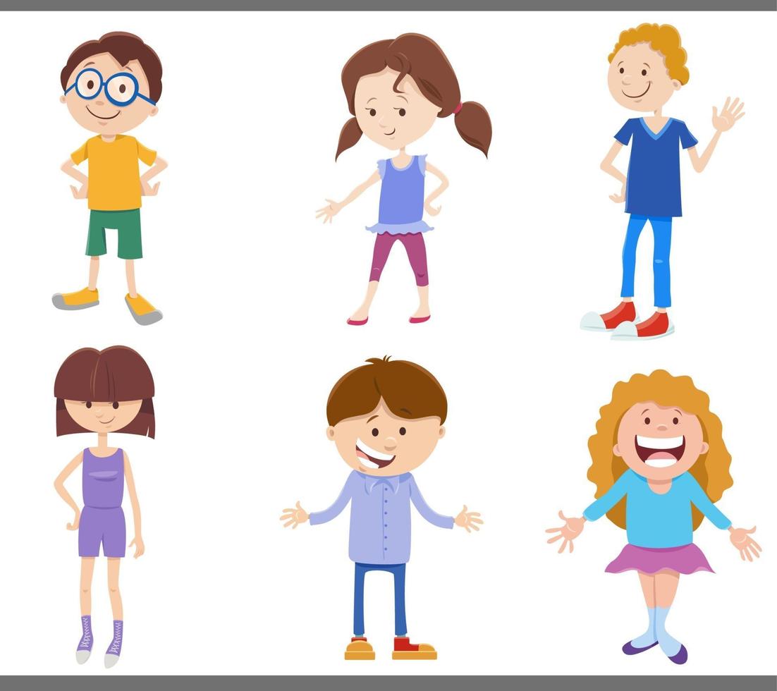 cartoon gelukkige kinderen en tieners stripfiguren set vector